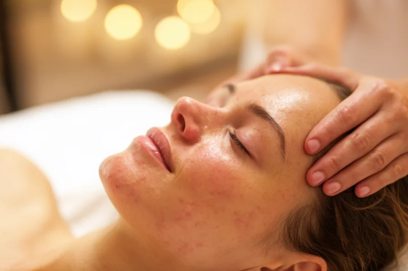 Young woman receiving facial massage treatment in spa setting