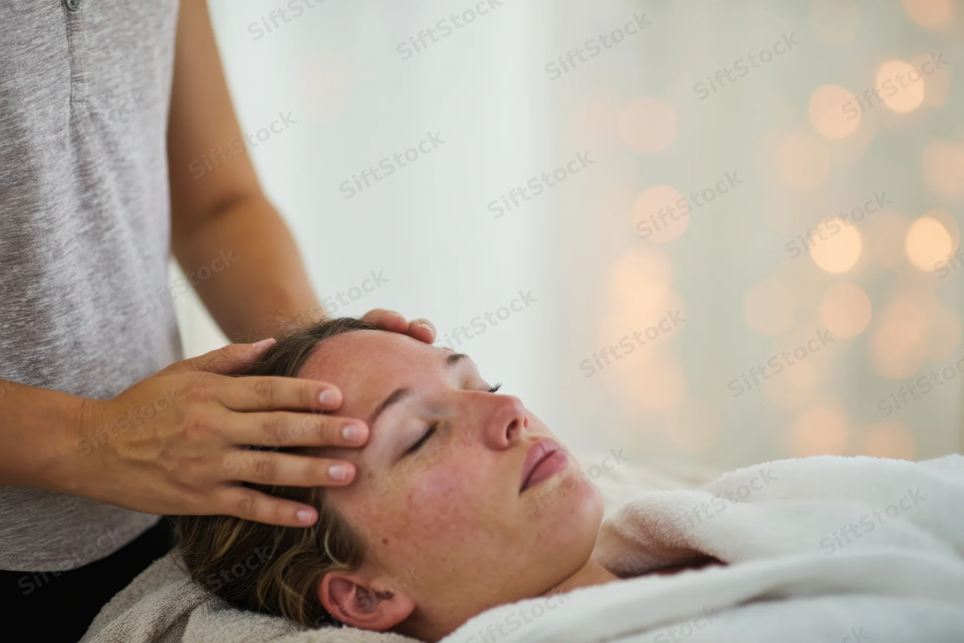 Woman receiving head massage at spa with hands on her forehead and eyes closed