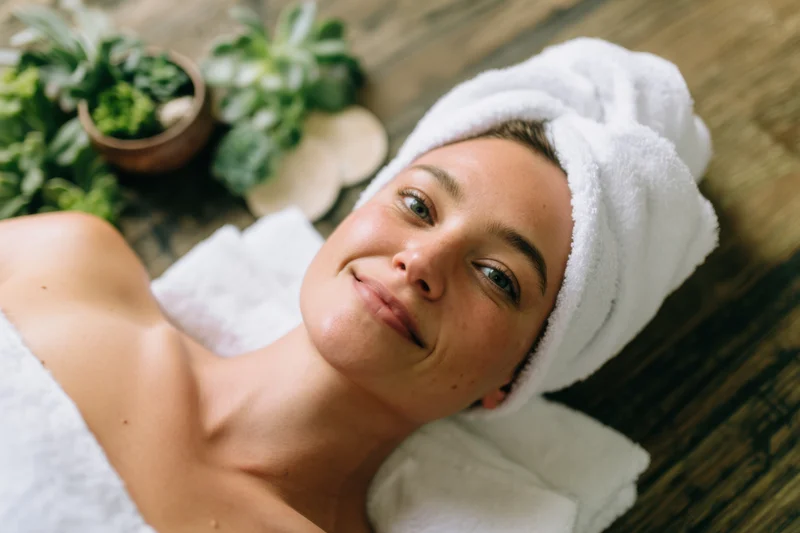 Woman lying down with towel wrapped around her head in a spa setting with succulents nearby