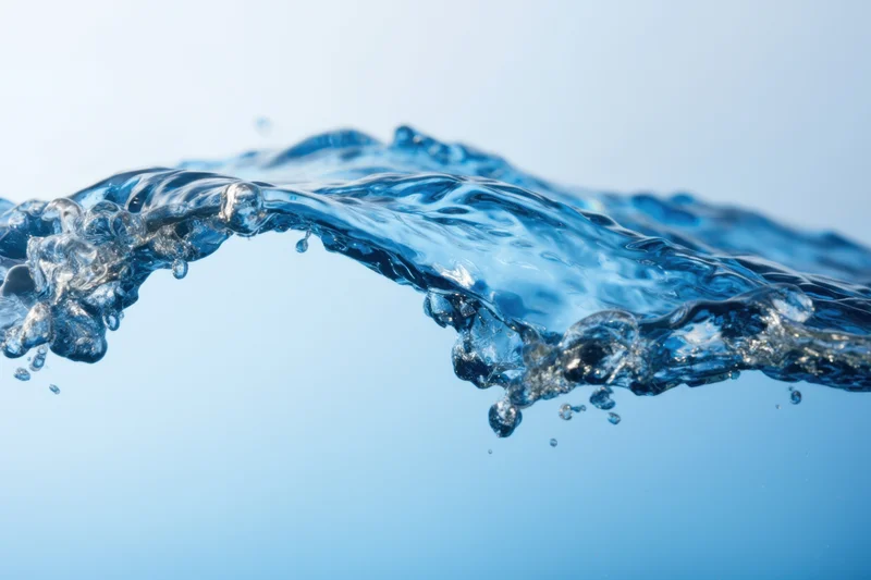 Clear blue water wave gently breaking with ripples and droplets against a light blue background