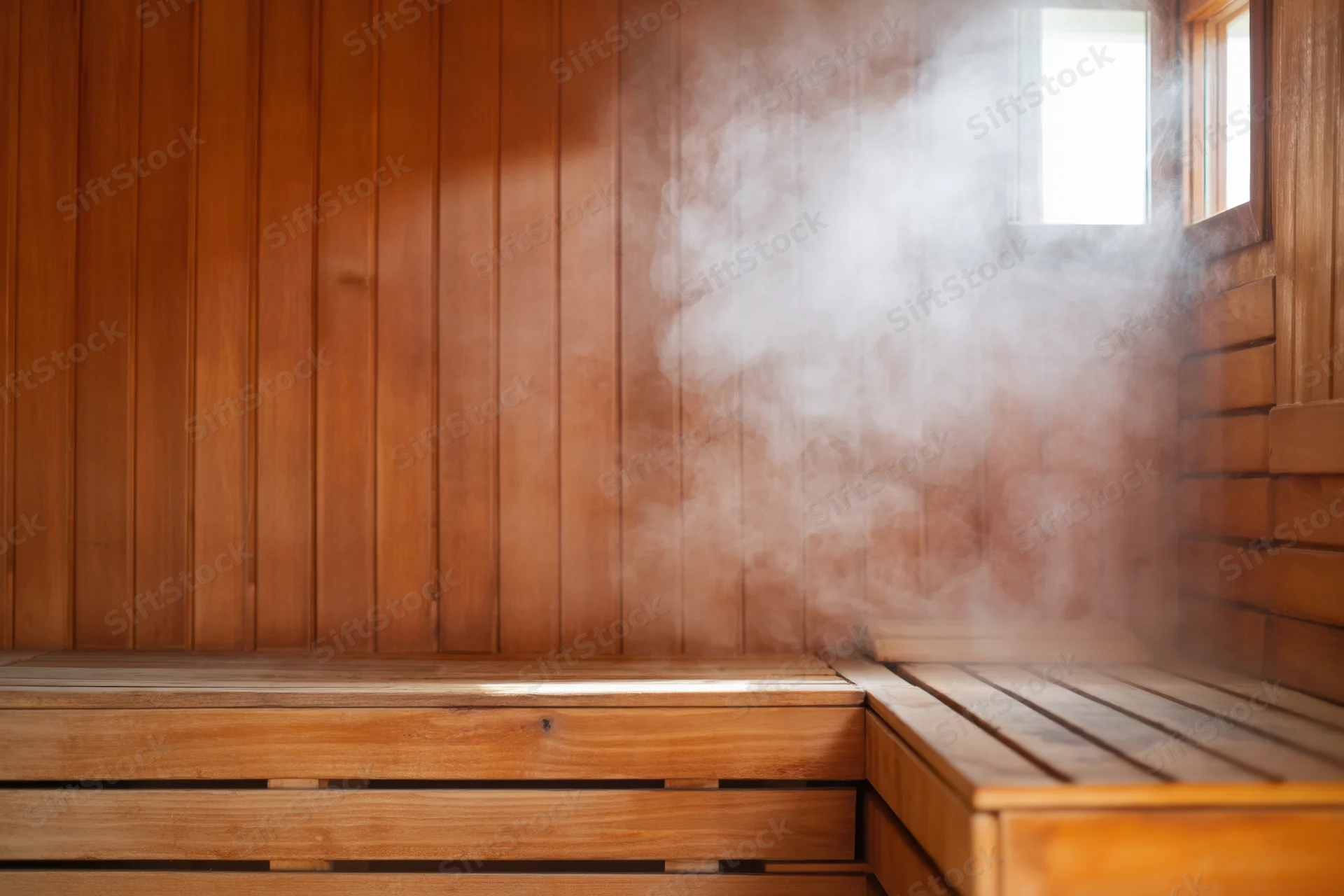 Steam rising in a wooden sauna interior with benches and vertical paneling