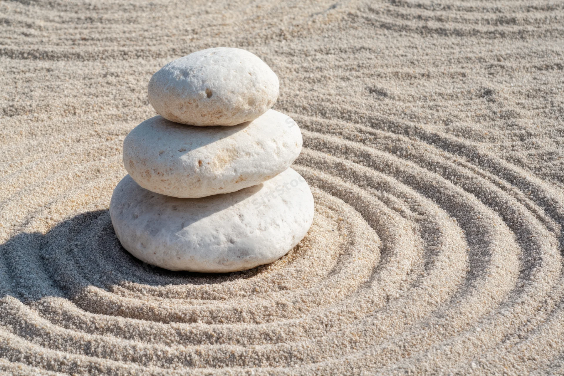 Three white pebbles stacked in balance on raked sand in a zen garden