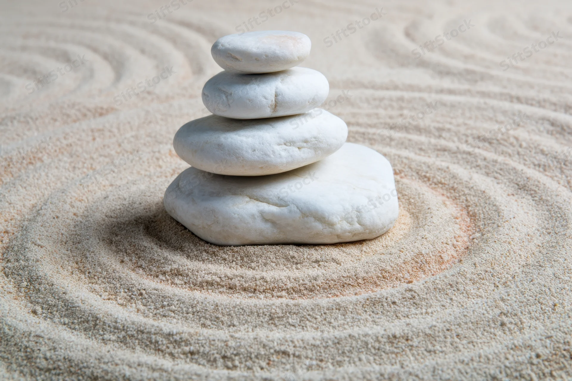 Balanced white pebbles stacked in a raked sand garden with circular patterns