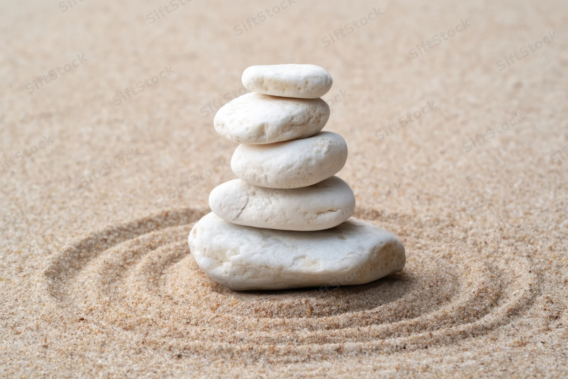 White pebbles stacked in balance on sand with circular ripples around base