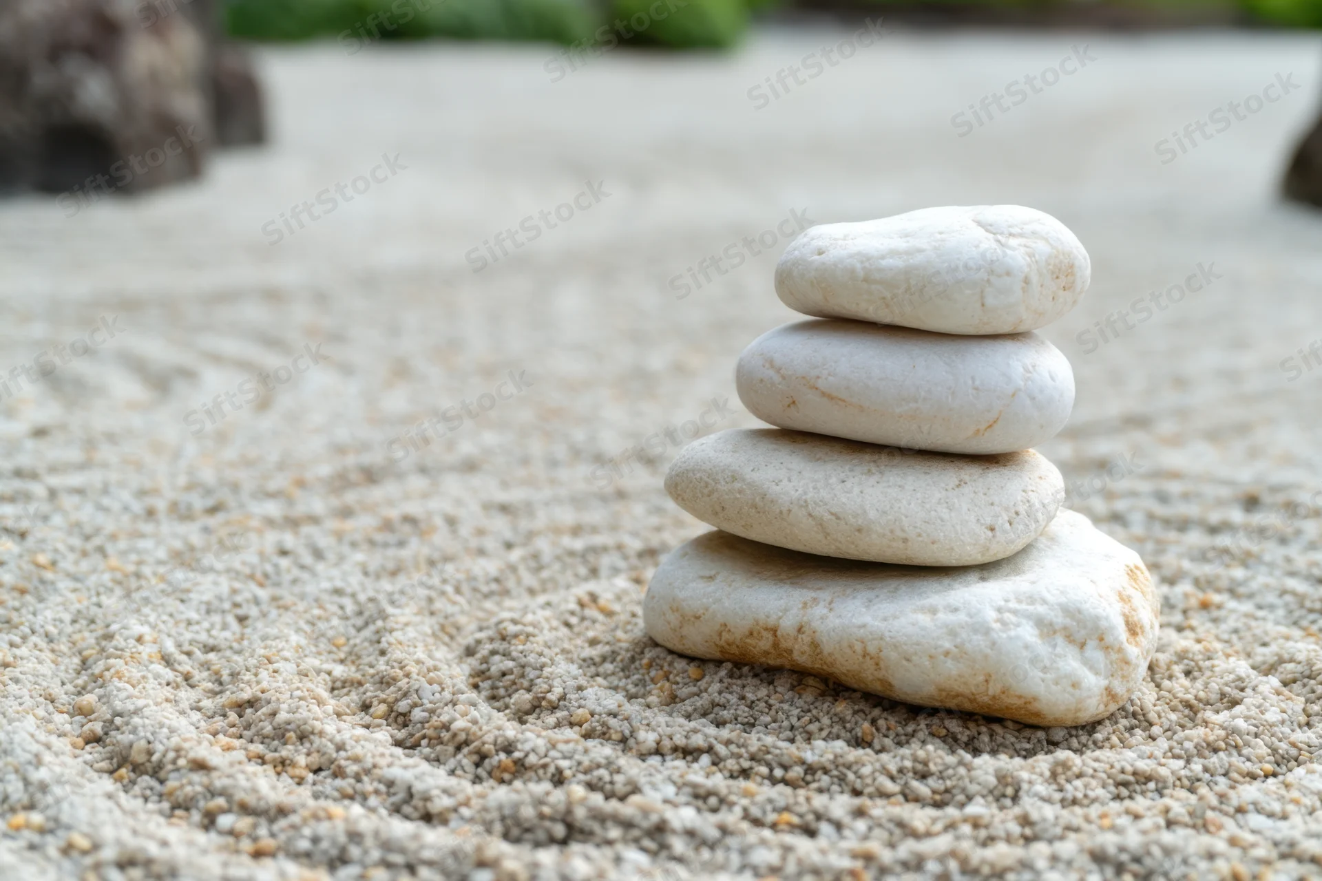 Balanced white pebbles stacked in a raked sand zen garden