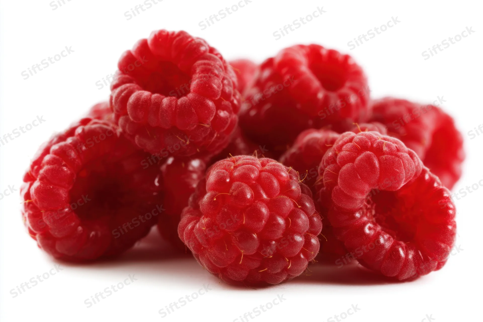 Fresh red raspberries clustered together on a white background