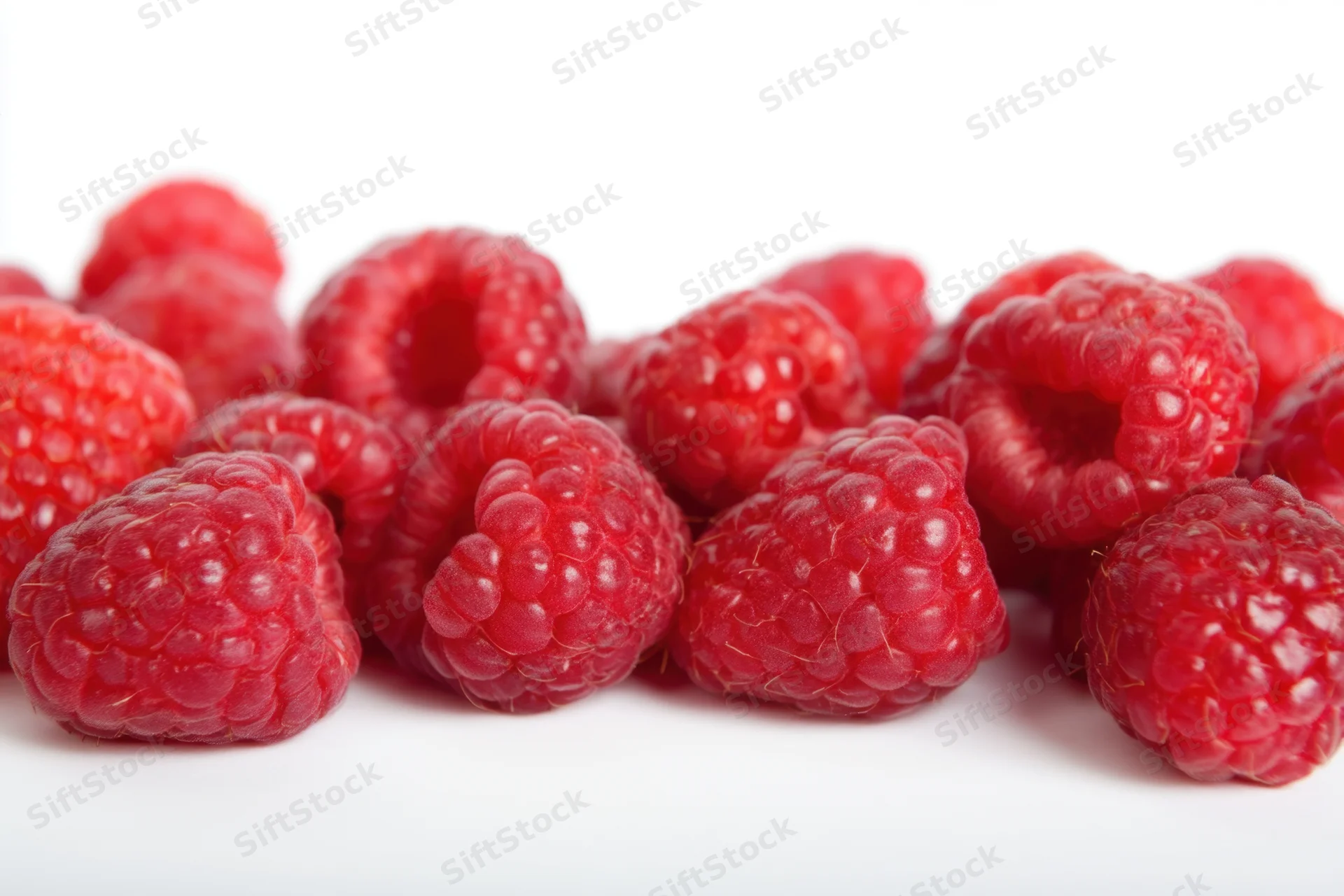 Fresh red raspberries arranged in a row on a white surface