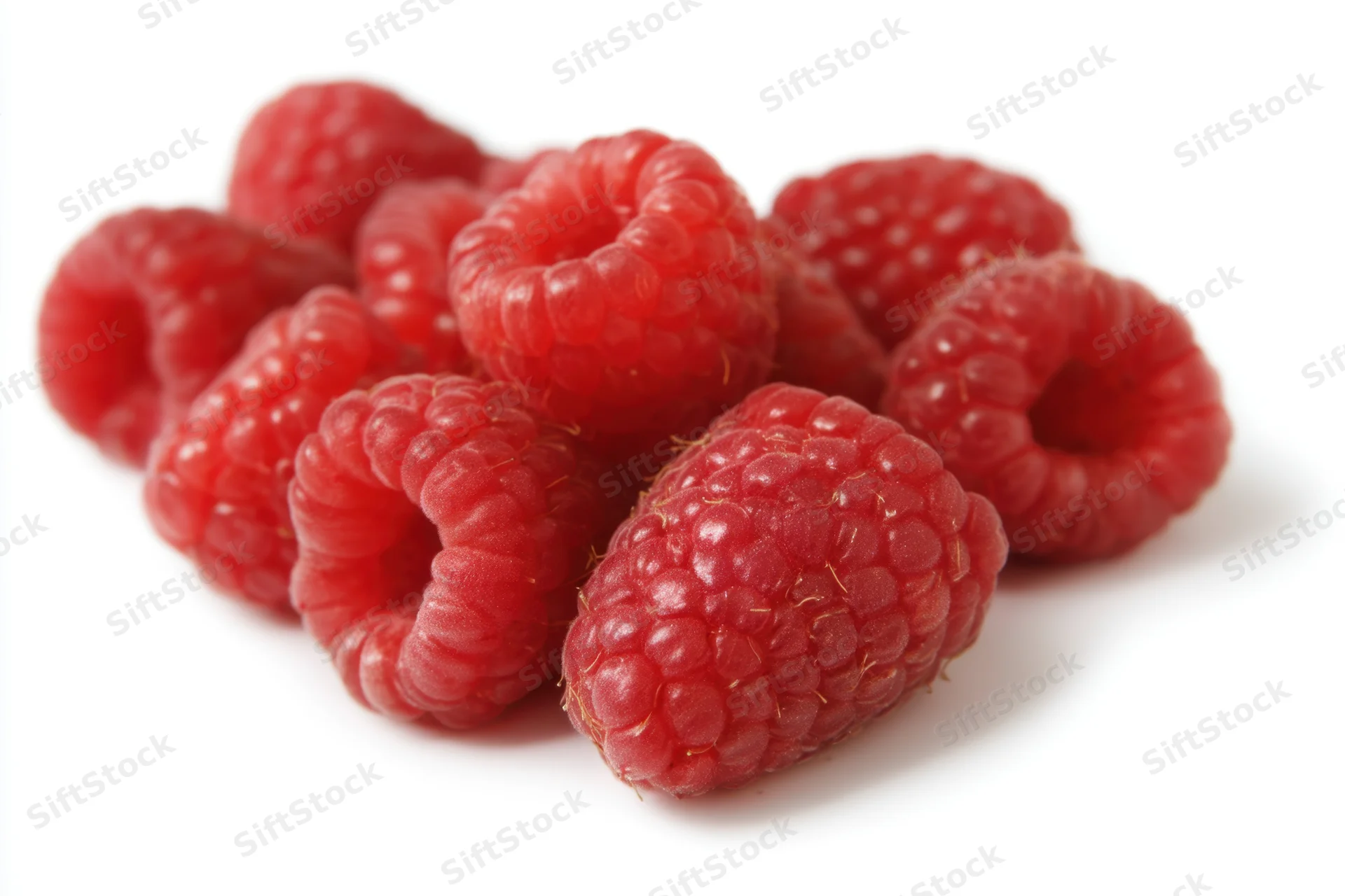 Fresh red raspberries clustered together on a white background