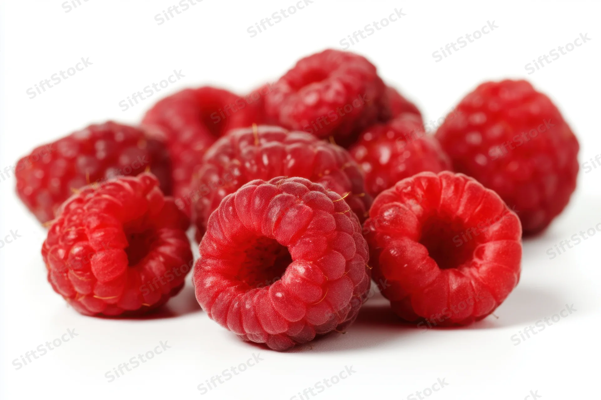 Fresh red raspberries arranged in a cluster on a white surface