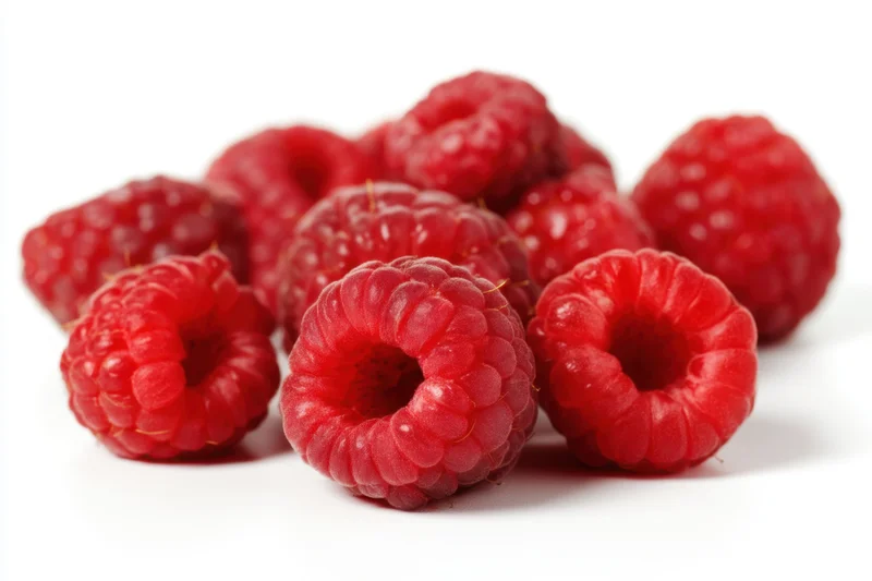 Fresh red raspberries arranged in a cluster on a white surface