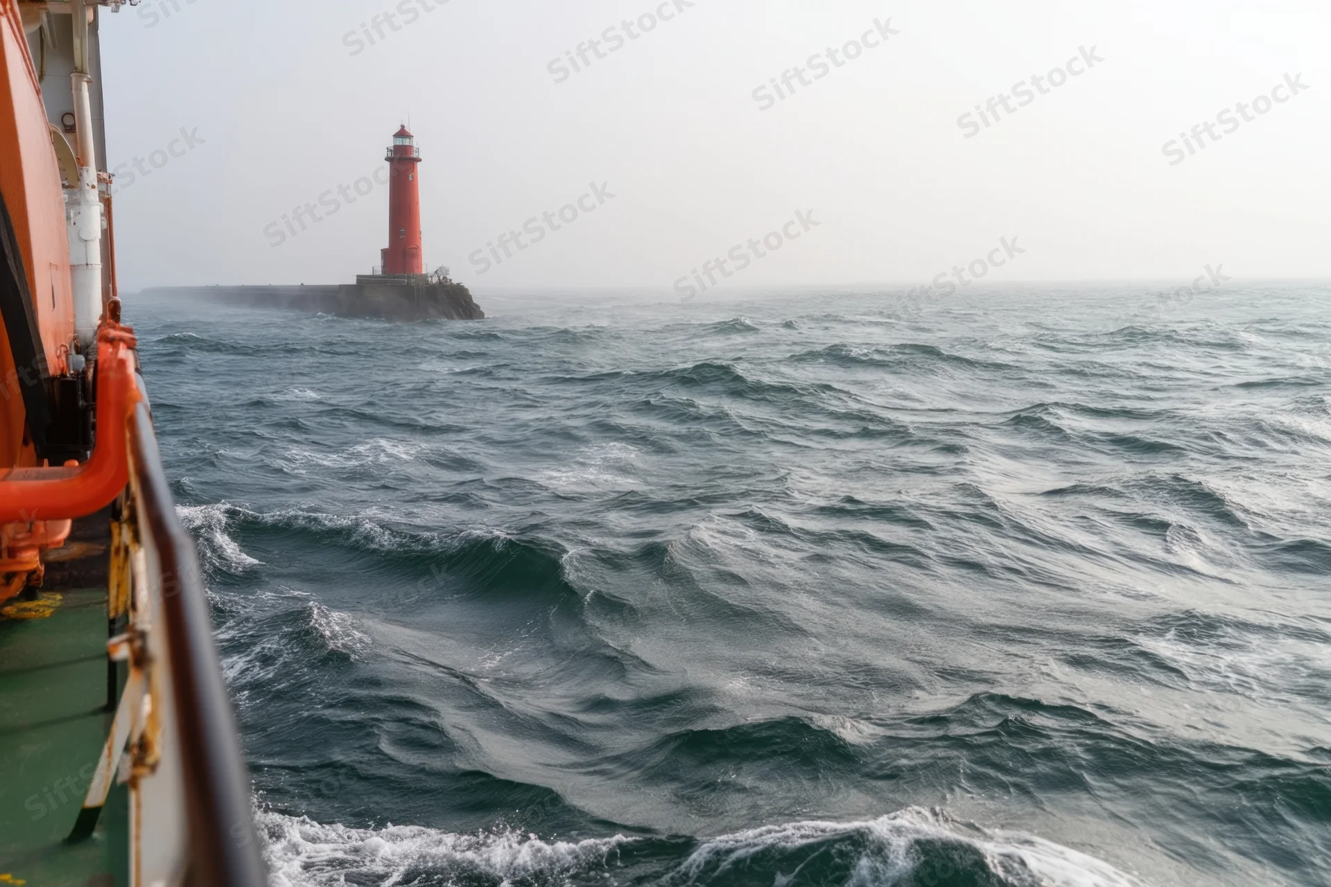 Ship navigating choppy sea toward distant red lighthouse in mist