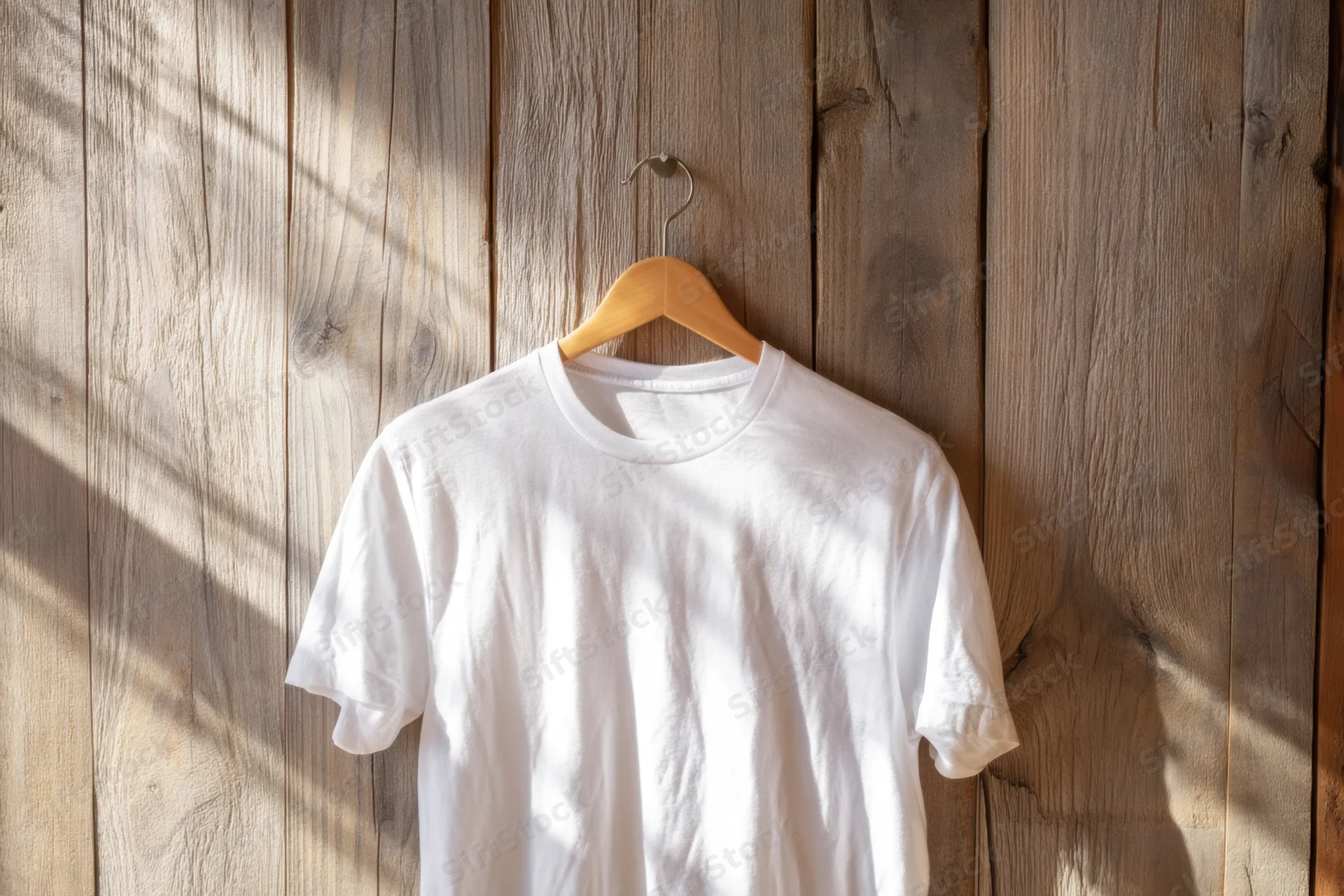 White t-shirt hanging on wooden hanger against wood-paneled wall with sunlight casting shadows