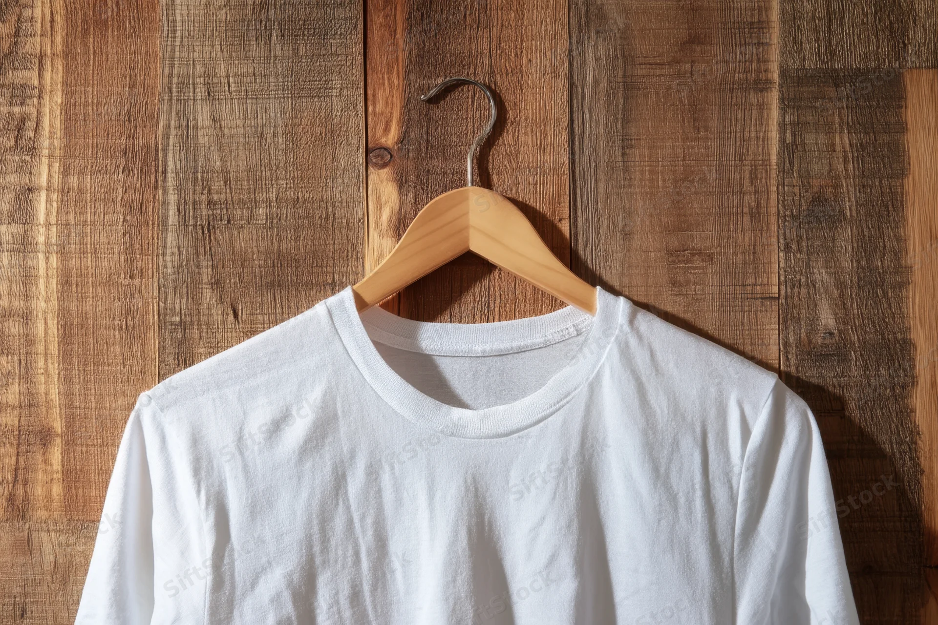 White t-shirt hanging on wooden hanger against wood panel wall