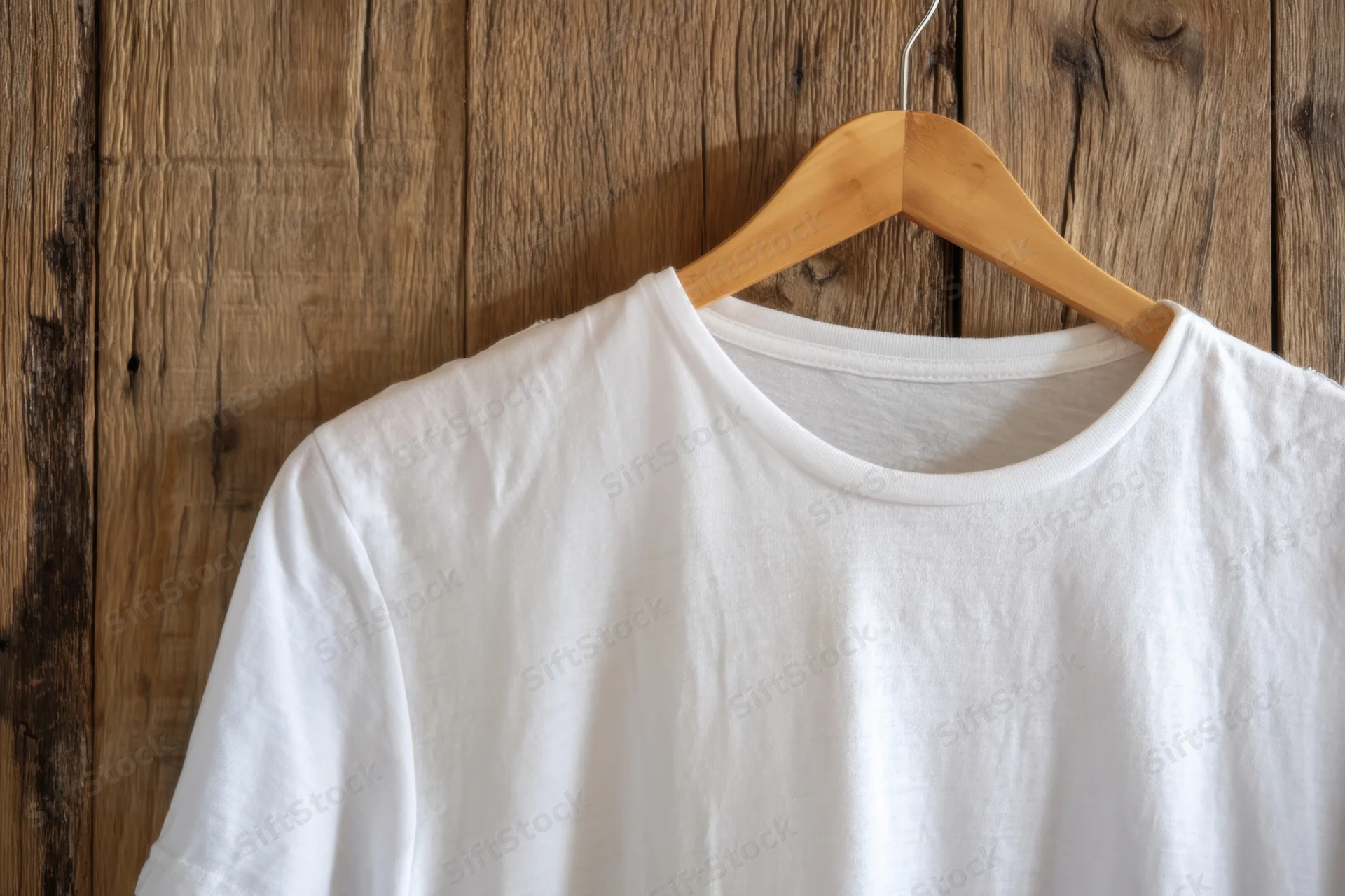 White t-shirt hanging on wooden hanger against wood wall