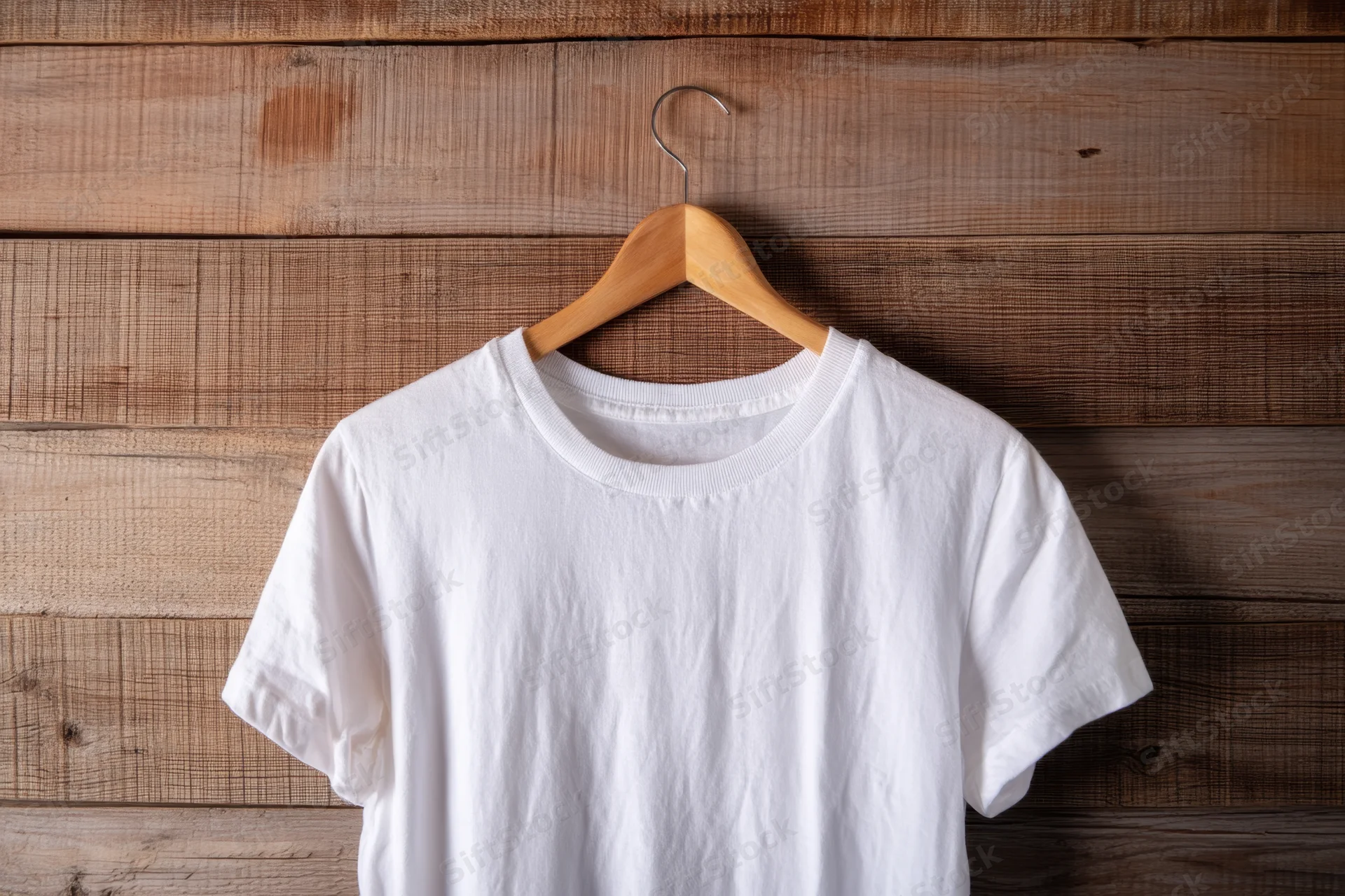 White t-shirt hanging on wooden hanger against wood panel wall
