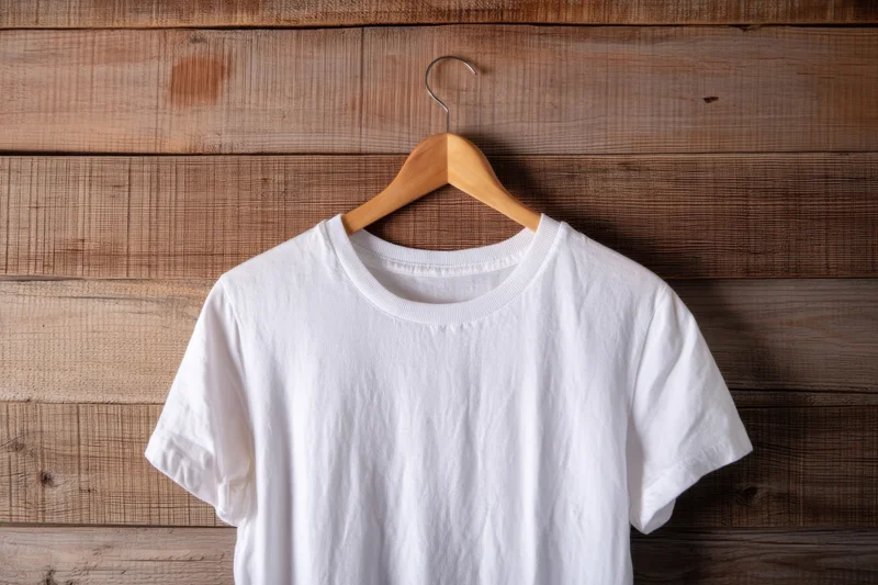White t-shirt hanging on wooden hanger against wood panel wall