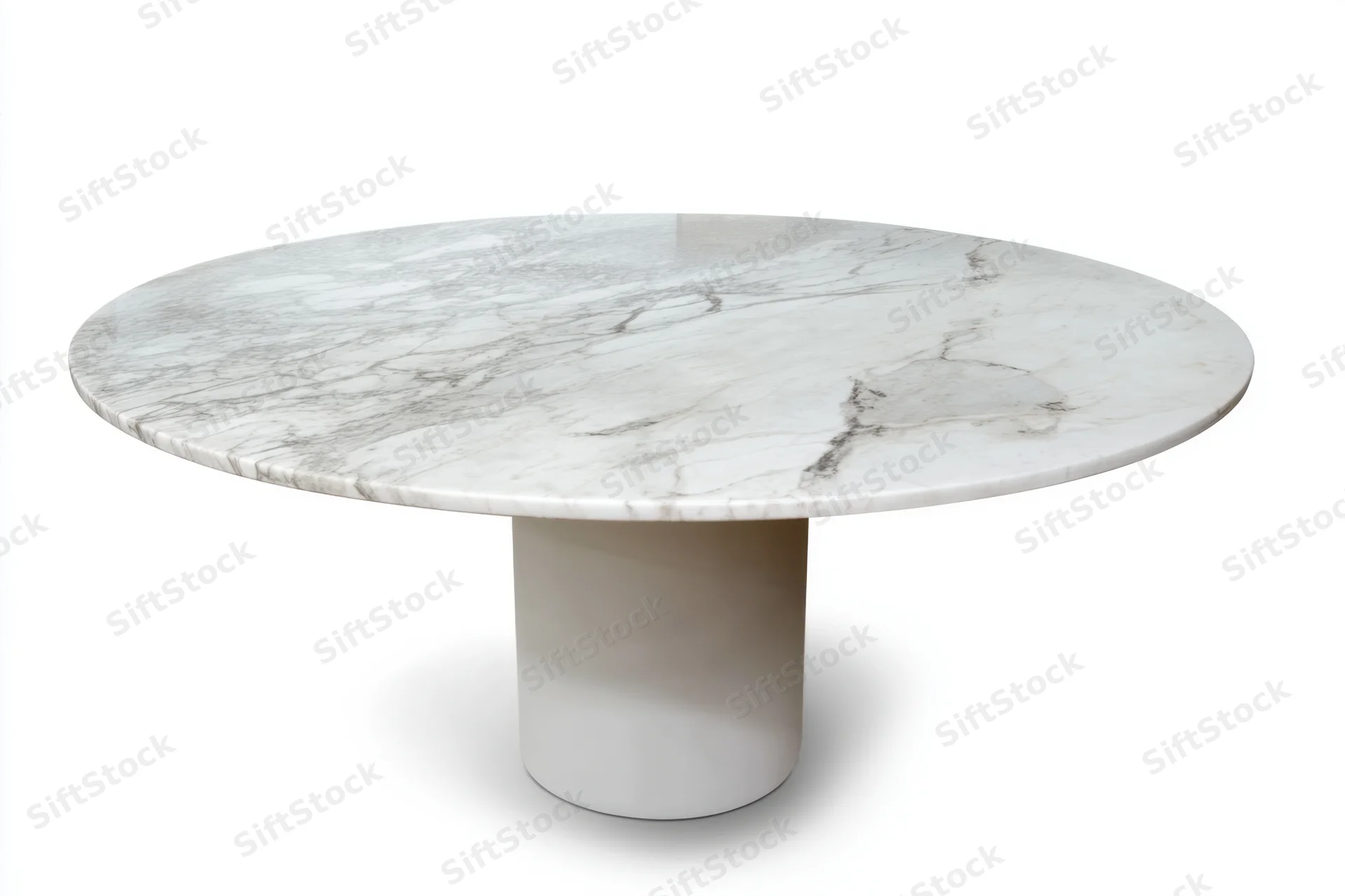 Round marble dining table with polished white surface and cylindrical pedestal base isolated on white