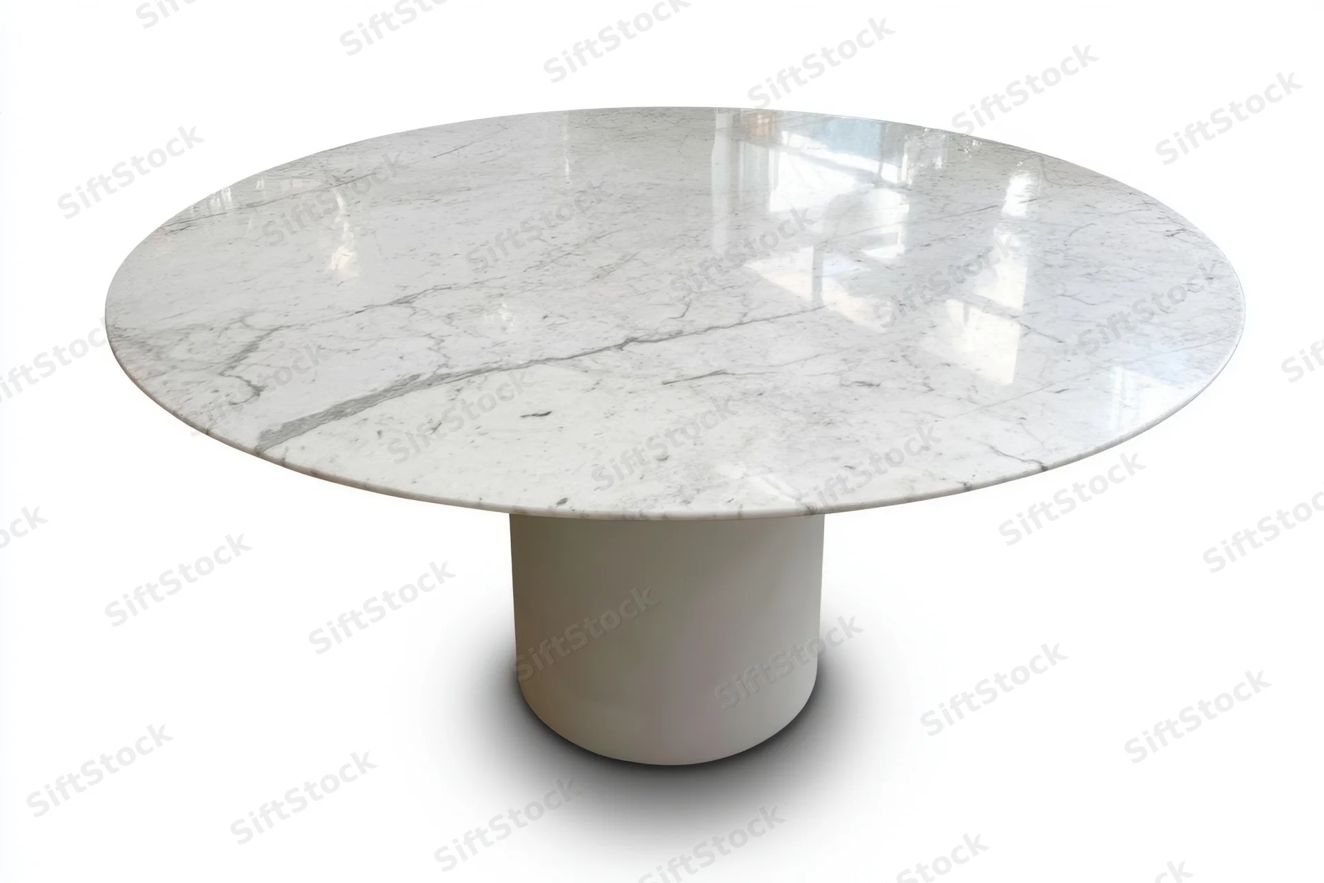 Round white marble dining table with polished surface and cylindrical pedestal base isolated on white