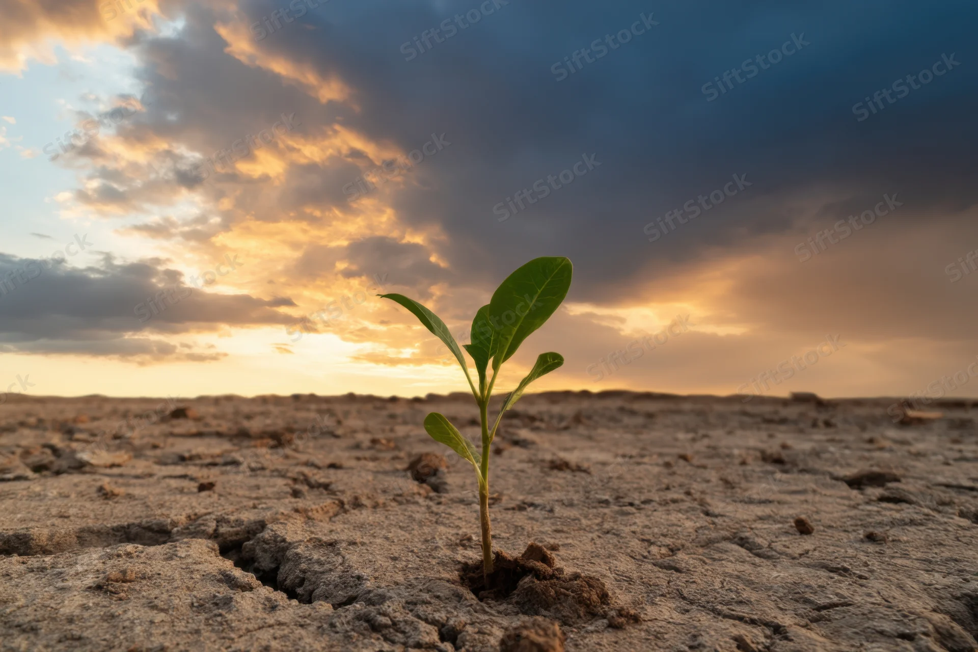 Small green plant sprouting from cracked dry earth under a sunset sky