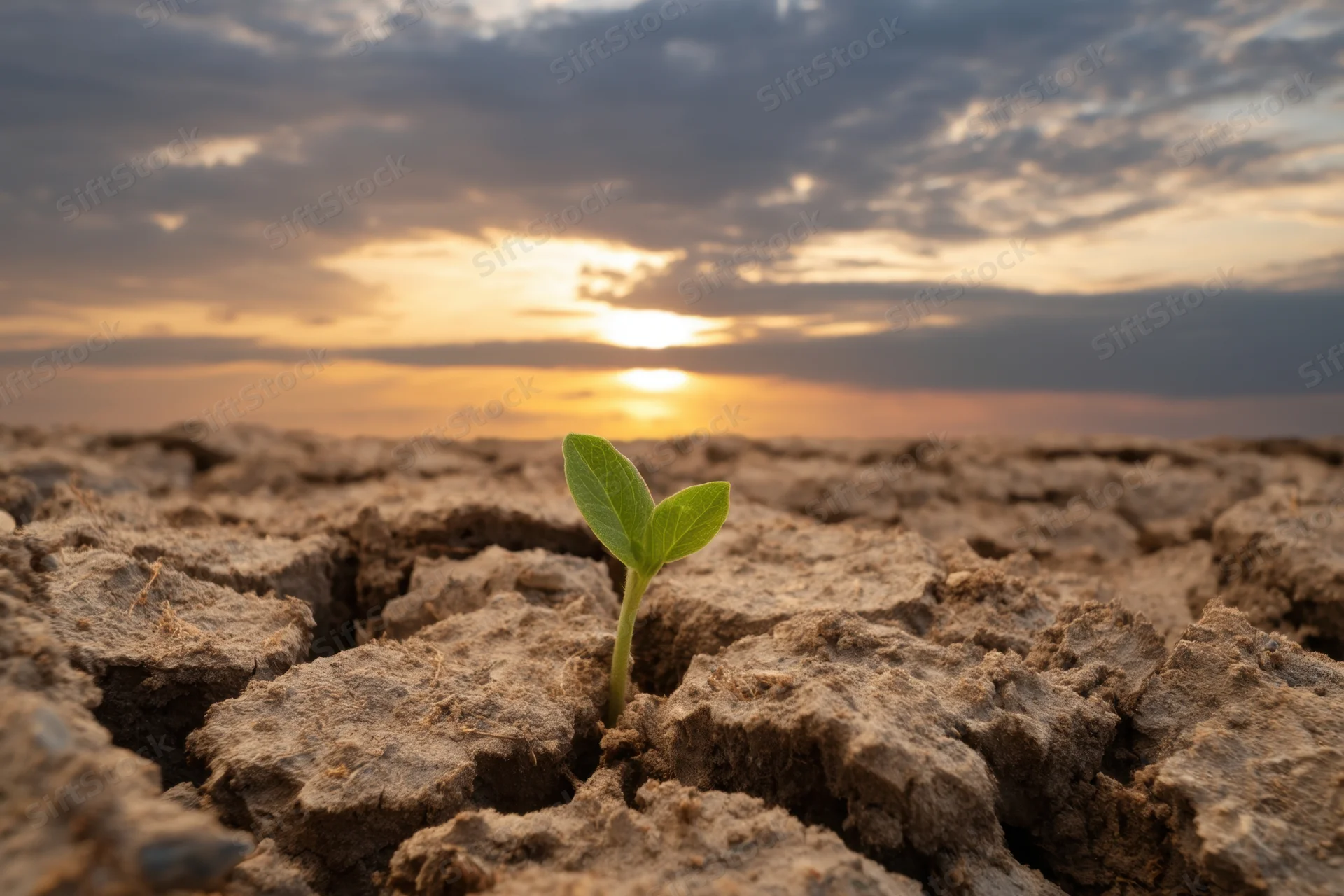 Small green plant sprouting from cracked dry earth at sunset