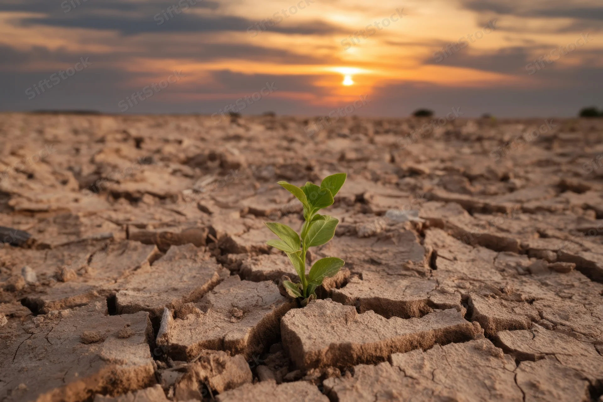 Small green plant growing from cracked dry earth at sunset