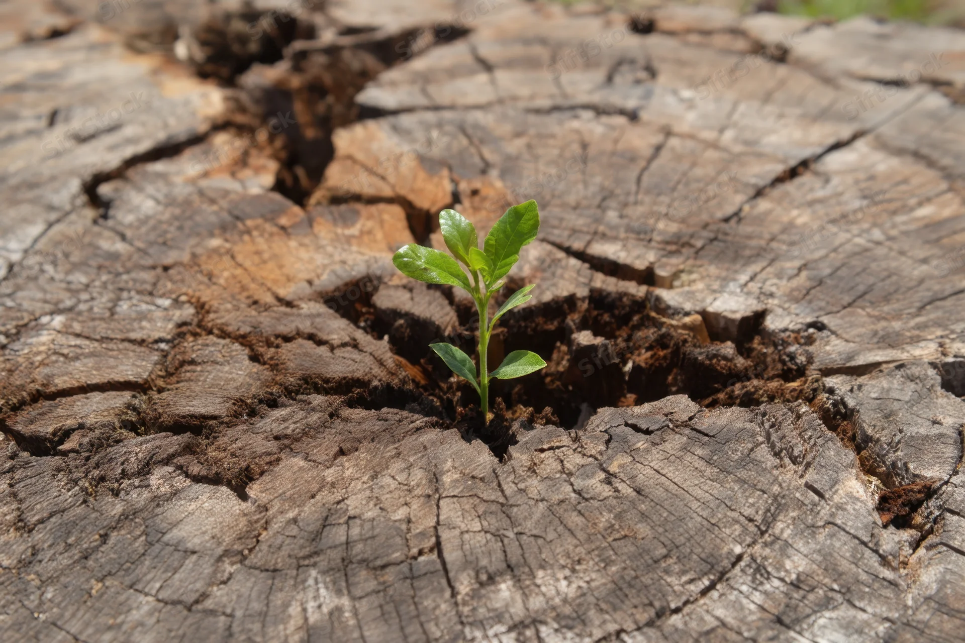 Small green sprout emerging from the center of a weathered tree stump