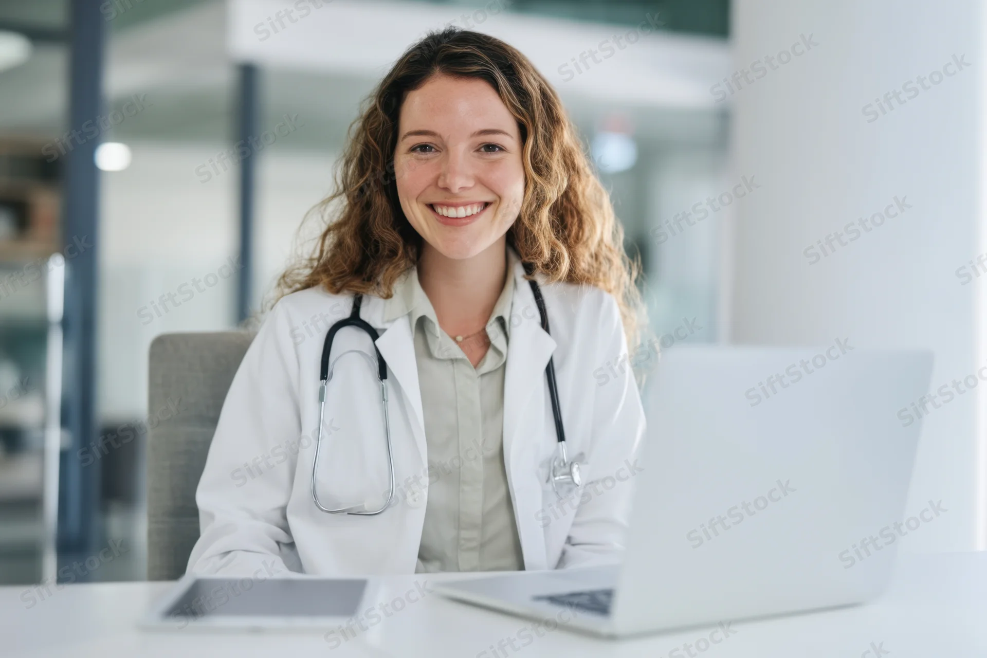 Smiling female doctor in white lab coat sitting at desk with laptop in office