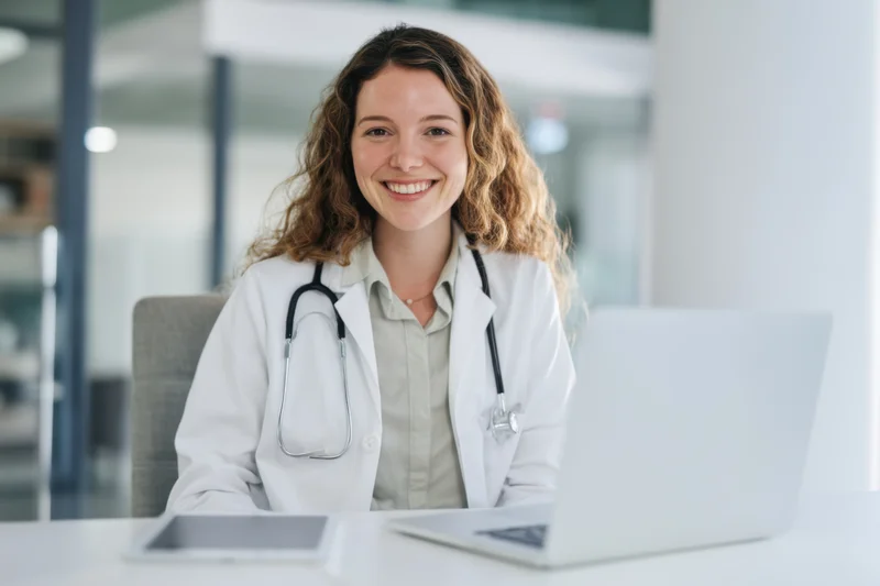 Smiling female doctor in white lab coat sitting at desk with laptop in office