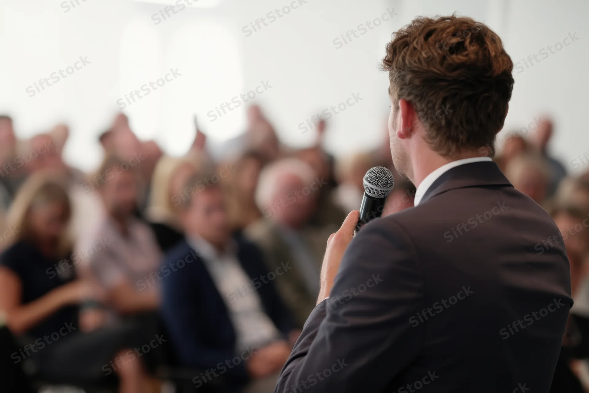 Man in suit speaking into microphone to audience in conference room