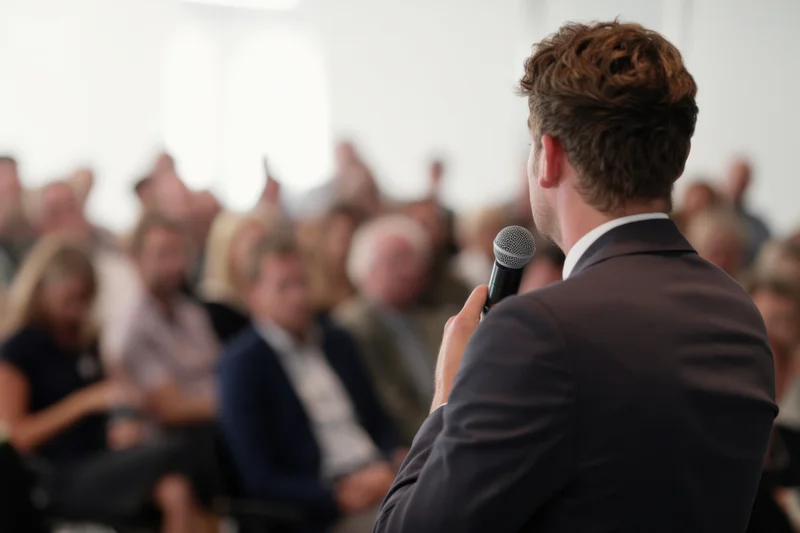 Man in suit speaking into microphone to audience in conference room