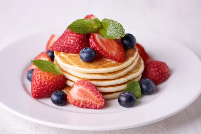 Stack of golden pancakes topped with fresh strawberries, blueberries and mint on a white plate