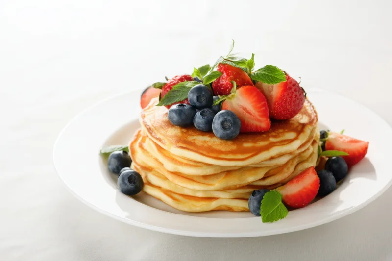 Stack of golden pancakes topped with strawberries, blueberries and mint on a white plate
