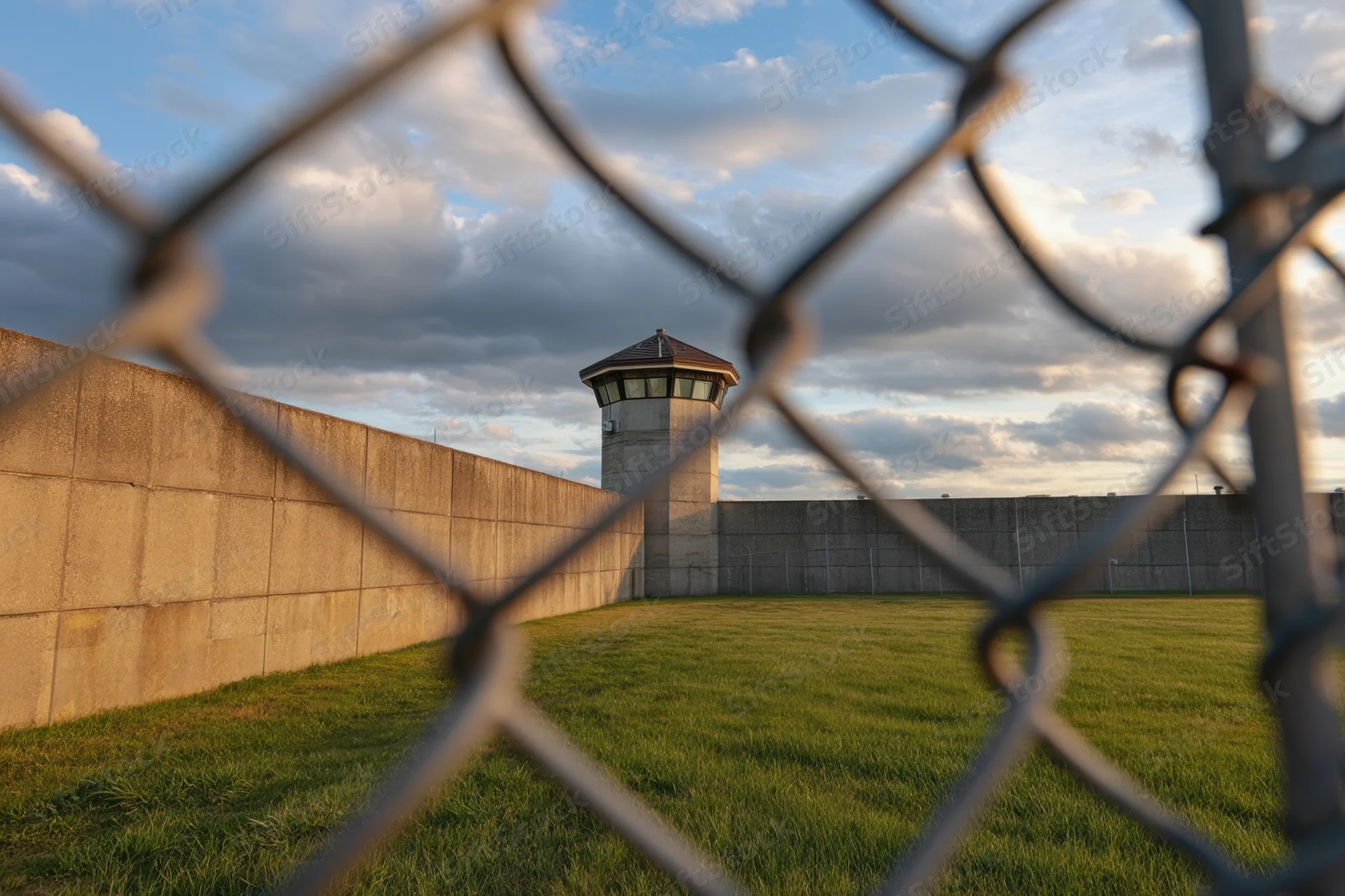 Prison facility with concrete wall and guard tower viewed through chainlink fence at dusk