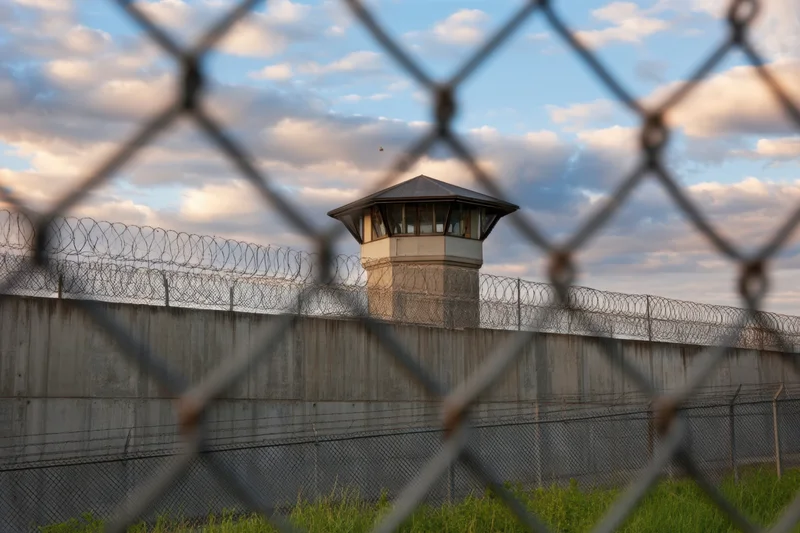 Guard tower on a concrete wall with barbed wire and chainlink fence in front, viewed through a foreground fence at dusk