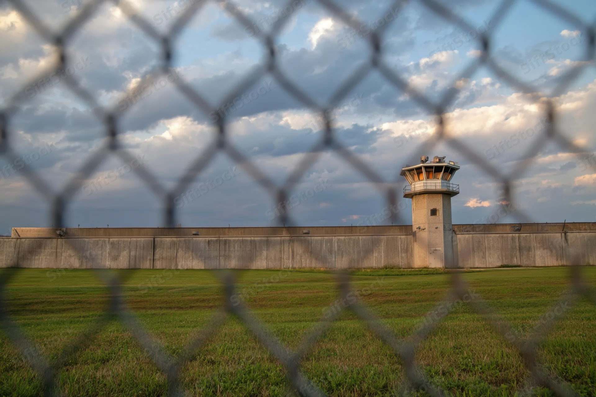 Prison facility with concrete wall and watchtower viewed through chainlink fence