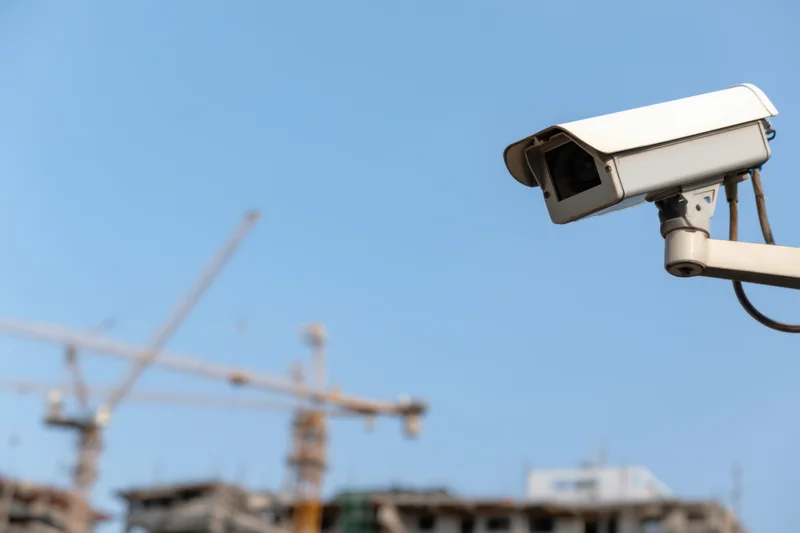Surveillance camera mounted outdoors overlooking a construction site with cranes and buildings under development