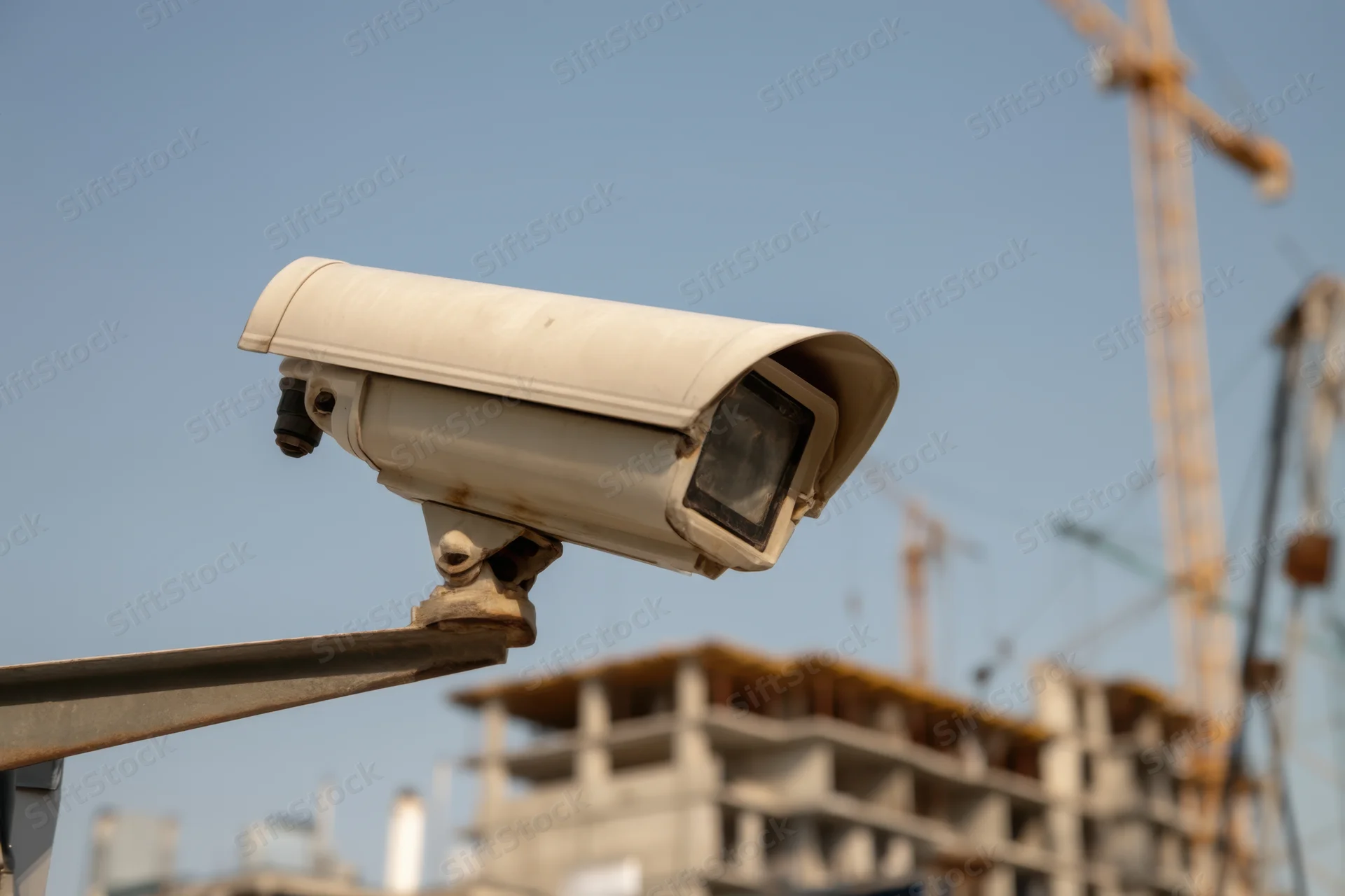 Surveillance camera mounted on a bracket overlooking a construction site with cranes and unfinished buildings in the background