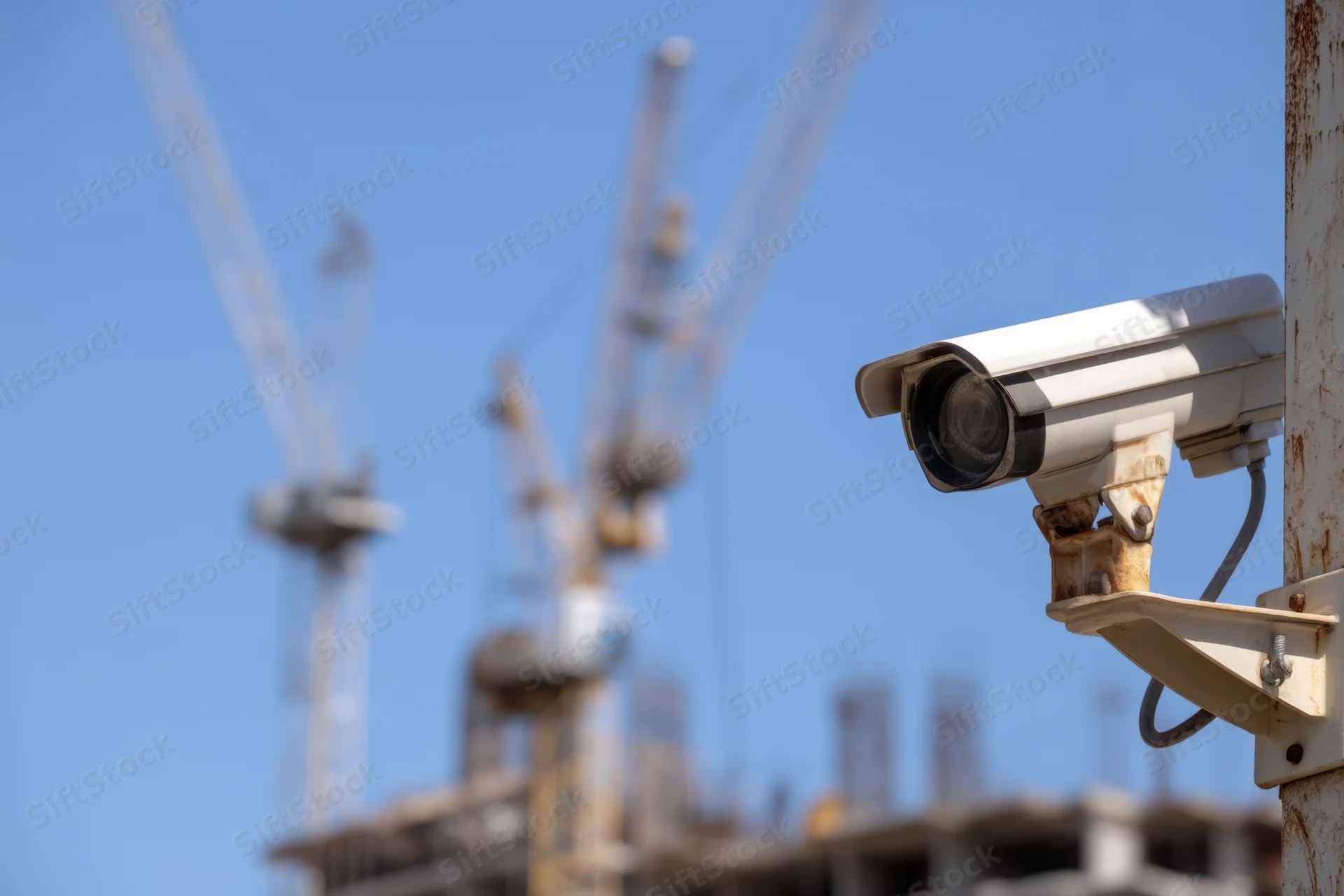 Surveillance camera mounted on metal post overlooking construction site with cranes and building framework under blue sky