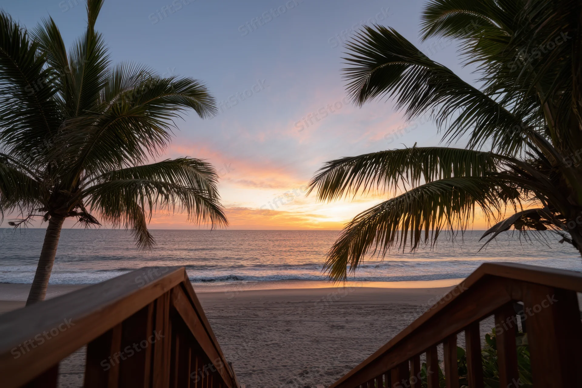 Wooden steps leading to a sandy beach at sunset with palm trees framing the ocean horizon