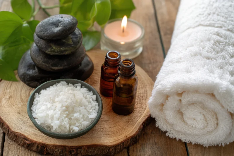 Stack of smooth black stones, essential oil bottles, salt bowl, lit candle and white towel arranged on wooden slice for spa treatment
