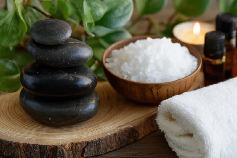 Stack of smooth black stones beside a bowl of white salt and a lit candle on a wooden tray with a towel and green plant nearby