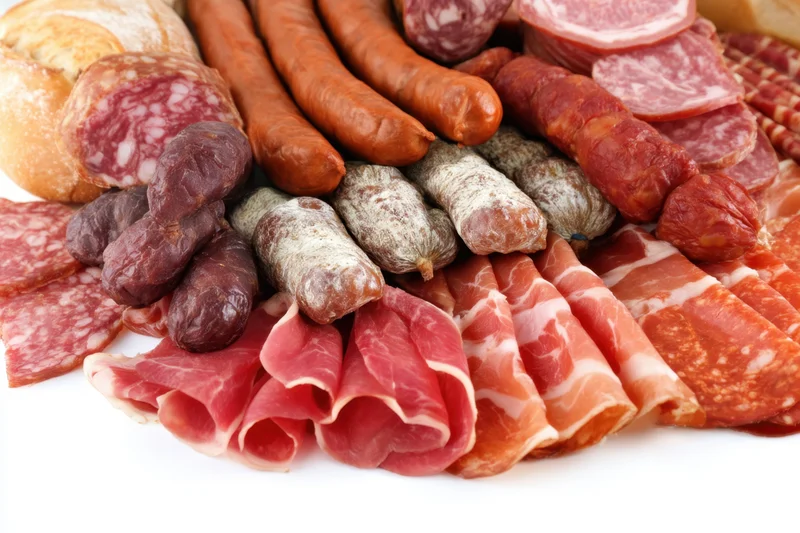 Variety of cured meats and sausages arranged on white background