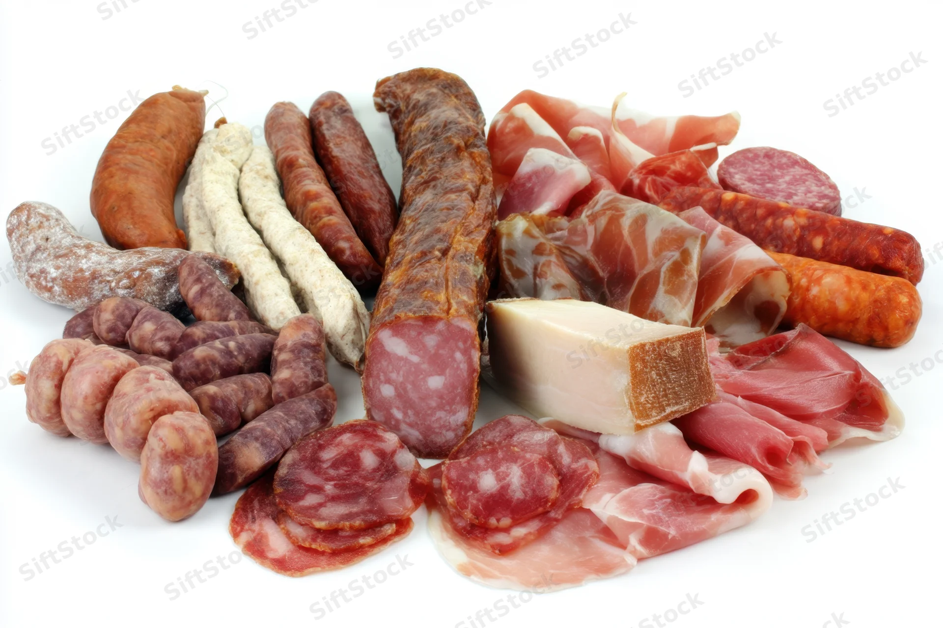 Variety of cured meats and sausages arranged on white background