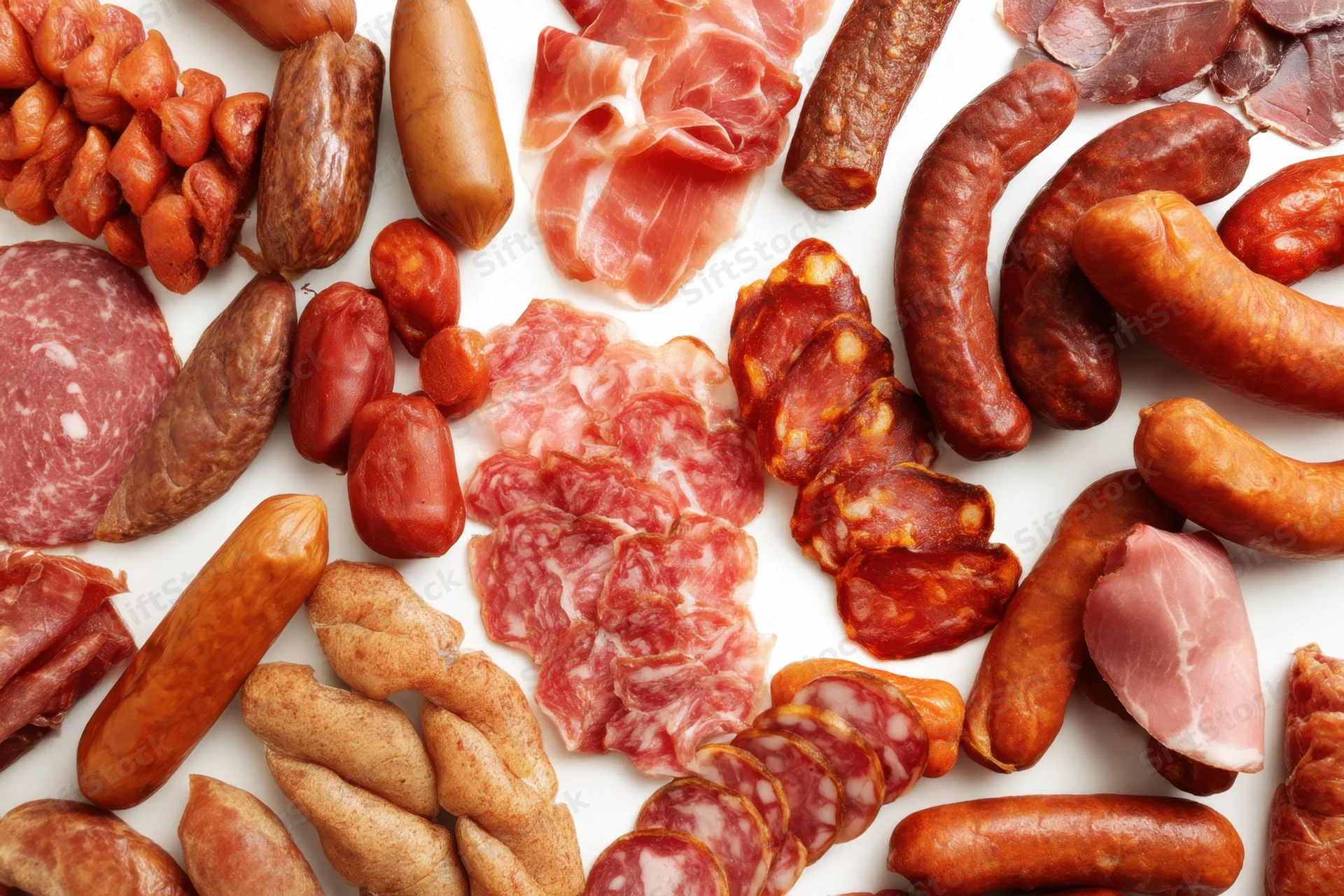 Variety of cured meats and sausages arranged flat on white surface