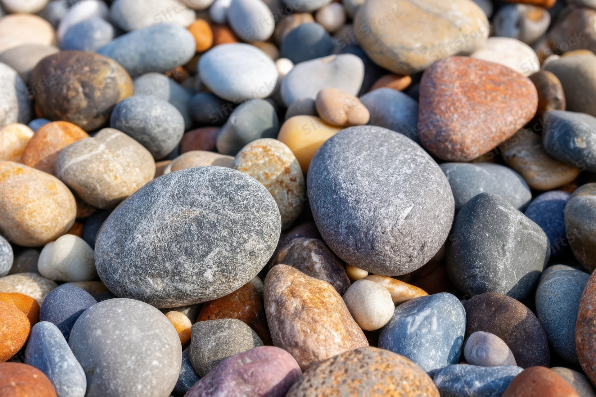 Smooth colorful pebbles nestled closely together on a natural surface