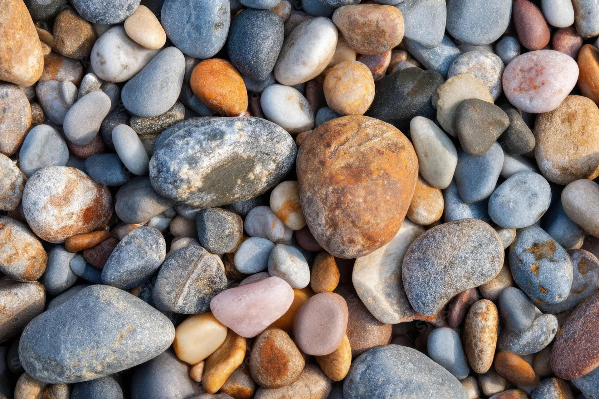 Smooth colorful pebbles nestled closely together on a natural surface