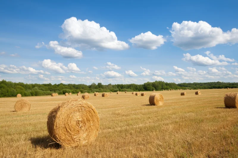 Round hay bales scattered across a golden harvested field under a blue sky with white clouds