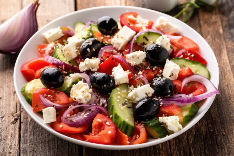 Garden salad with tomatoes, cucumbers, red onions, black olives and feta cheese in a white bowl on a wooden table