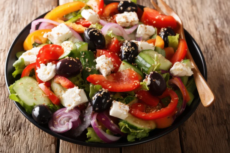 Vibrant garden salad with tomatoes, cucumbers, bell peppers, olives, feta cheese and sesame seeds in a black bowl on a wooden table