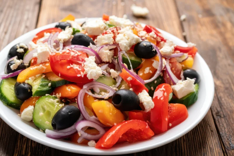 Garden salad with cucumbers, tomatoes, bell peppers, red onions, black olives, feta cheese, and sesame seeds on a white plate on a wooden table